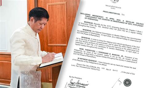 Palace declares April 10 a regular holiday for Eid'l Fitr .